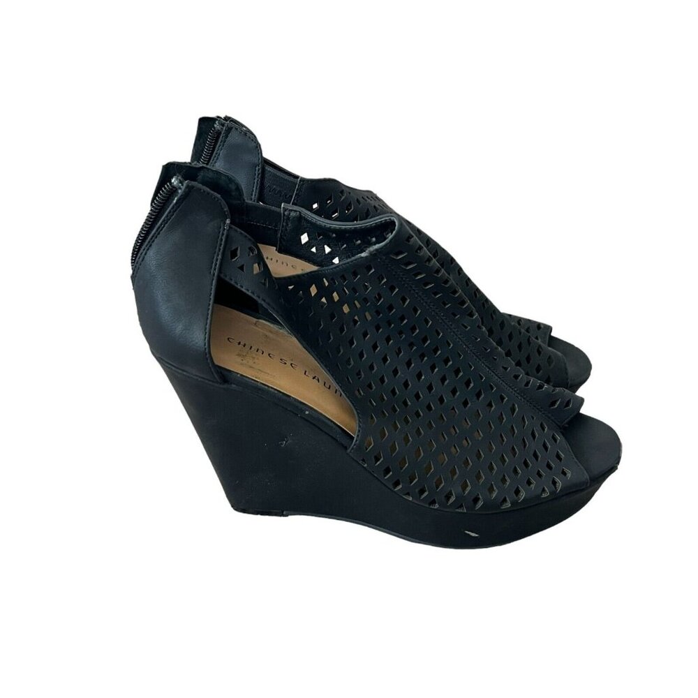 Chinese Laundry Platform Sandals 7.5 Black Wedge Peep Toes Zipper Closure - Picture 3 of 10